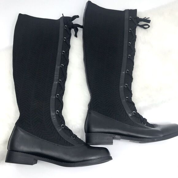 Polly Black Caviar Herringbone Textile Knit Tall Lace Up Pull On Combat Boots - Picture 4 of 16